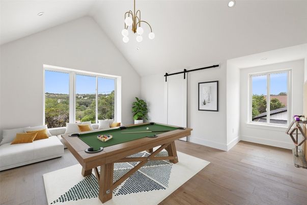 Billiard Table, Game Room, Interior, Pendant Lights, Recessed Lighting, Wood Texture Flooring