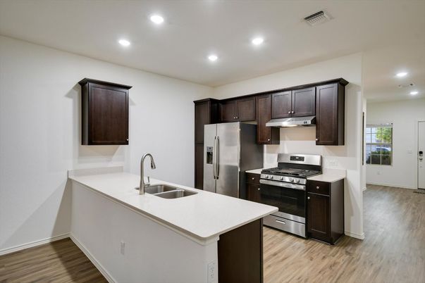 Interior, Kitchen, Recessed Lighting, Stainless Steel Appliances, Wood Texture Flooring