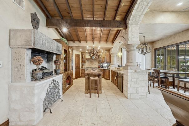 Chandelier, Dining room, Fireplace, Interior, Kitchen, Recessed Lighting, Wooden Beams, Wooden Ceilings