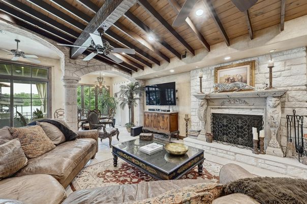 Fireplace, Interior, Living room, Recessed Lighting, Stone Walls, Wooden Beams, Wooden Ceilings