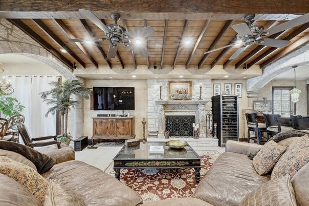 Fireplace, Interior, Living room, Recessed Lighting, Stone Walls, Wooden Beams, Wooden Ceilings