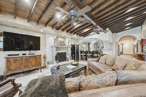 Dining room, Fireplace, Interior, Living room, Recessed Lighting, Stone Walls, Wooden Beams, Wooden Ceilings