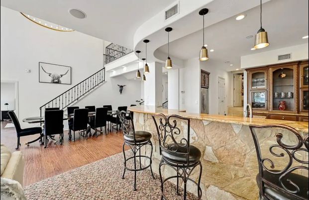 Dining room, Interior, Pendant Lights, Recessed Lighting, Wood Texture Flooring