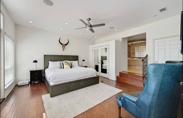 Bedroom, Interior, Recessed Lighting, Wood Texture Flooring