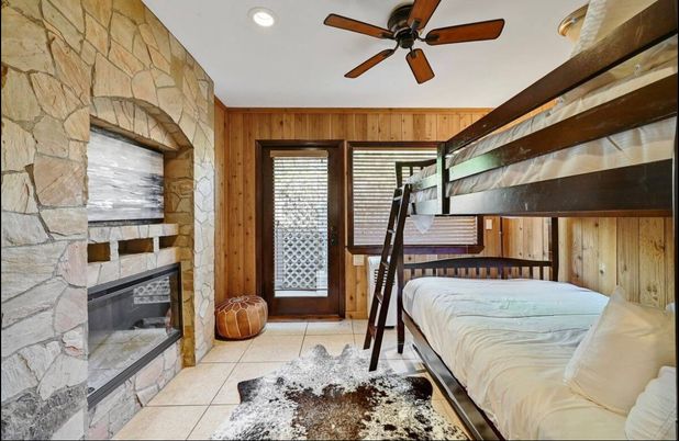 Bedroom, Fireplace, Interior, Recessed Lighting, Stone Walls, Wooden Walls
