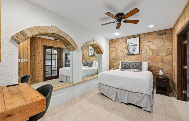 Bedroom, Interior, Recessed Lighting, Stone Walls