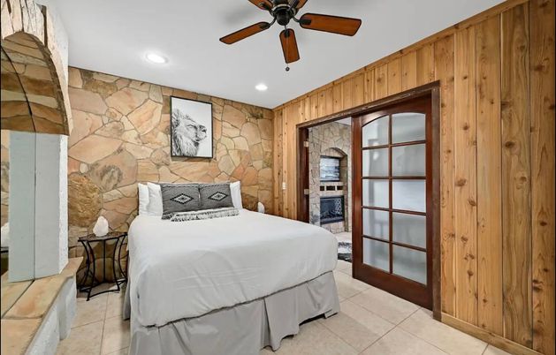 Bedroom, Fireplace, Interior, Recessed Lighting, Stone Walls, Wooden Walls