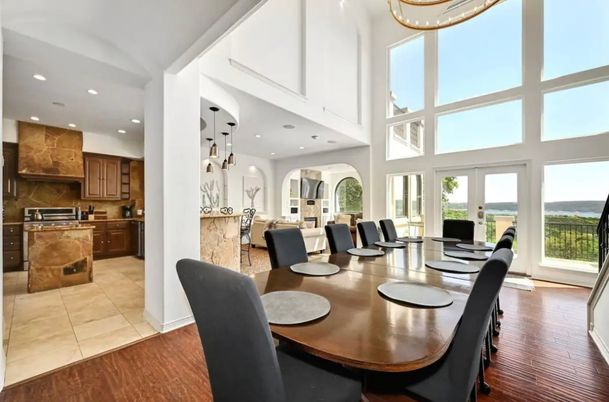 Dining room, Interior, Kitchen, Pendant Lights, Recessed Lighting, Water, Wood Texture Flooring