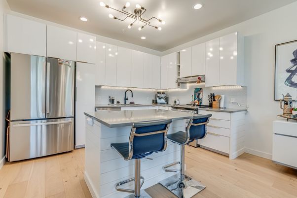 Interior, Kitchen, Recessed Lighting, Stainless Steel Appliances, Wood Texture Flooring