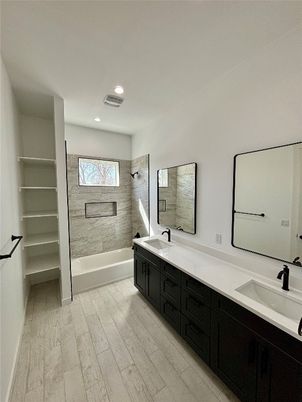 Bathroom, Dual Sink Vanities, Interior, Recessed Lighting, Wood Texture Flooring