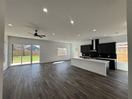 Empty room, Interior, Kitchen, Recessed Lighting, Wood Texture Flooring