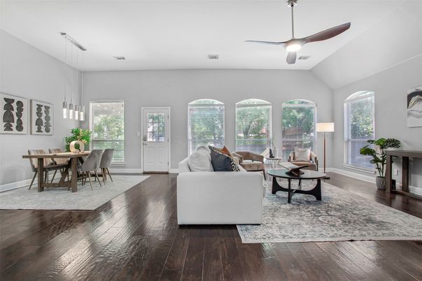 Dining room, Interior, Living room, Pendant Lights, Wood Texture Flooring