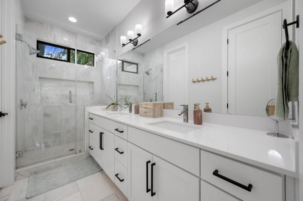 Bathroom, Dual Sink Vanities, Glass Shower, Interior, Marble Walls, Recessed Lighting
