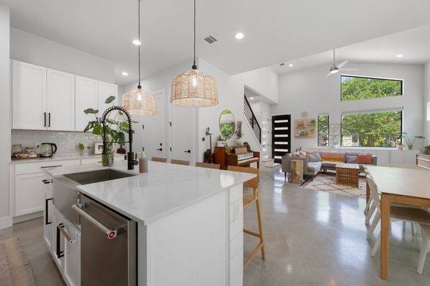 Dining room, Interior, Kitchen, Living room, Pendant Lights, Recessed Lighting, Wood Texture Flooring