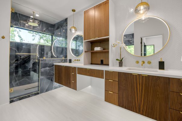 Bathroom, Dual Sink Vanities, Glass Shower, Interior, Pendant Lights
