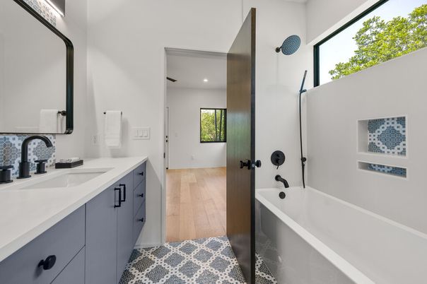 Bathroom, Interior, Recessed Lighting, Wood Texture Flooring