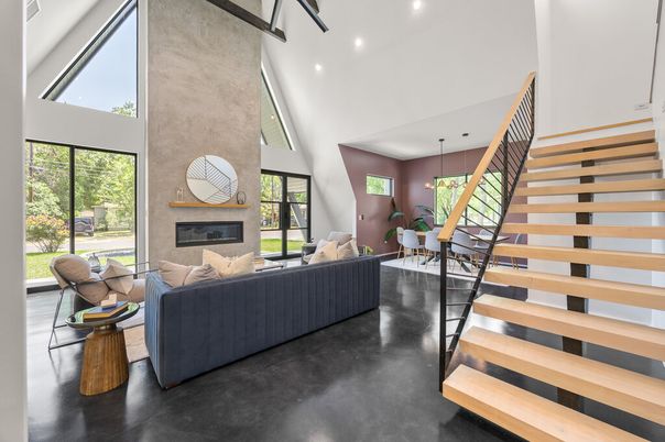 Dining room, Fireplace, Interior, Living room, Pendant Lights, Recessed Lighting