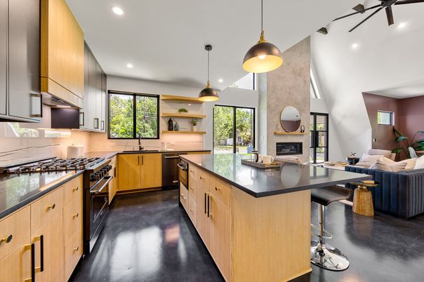 Fireplace, Interior, Kitchen, Pendant Lights, Recessed Lighting, Stainless Steel Appliances, Wood Texture Flooring