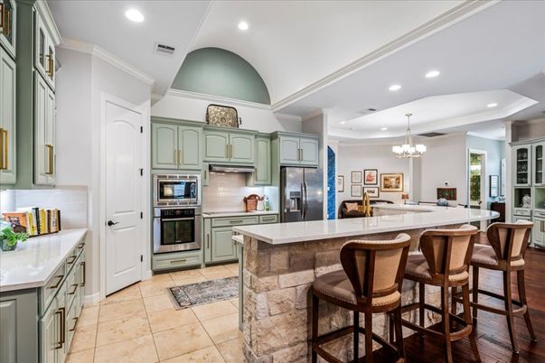 Chandelier, Interior, Kitchen, Recessed Lighting, Stainless Steel Appliances, Wood Texture Flooring