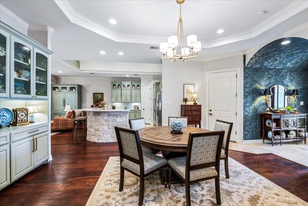 Chandelier, Dining room, Interior, Kitchen, Recessed Lighting, Wood Texture Flooring