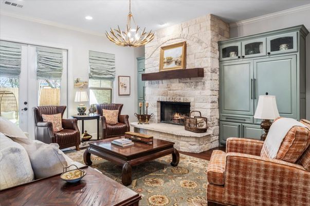 Fireplace, Interior, Living room, Pendant Lights, Recessed Lighting, Stone Walls, Wood Texture Flooring