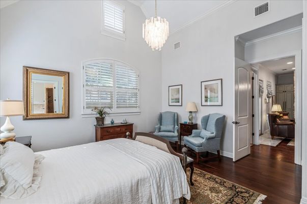 Bedroom, Chandelier, Interior, Recessed Lighting, Wood Texture Flooring