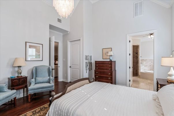 Bedroom, Chandelier, Interior, Wood Texture Flooring