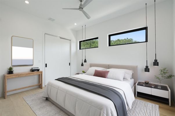 Bedroom, Interior, Recessed Lighting, Water, Wood Texture Flooring