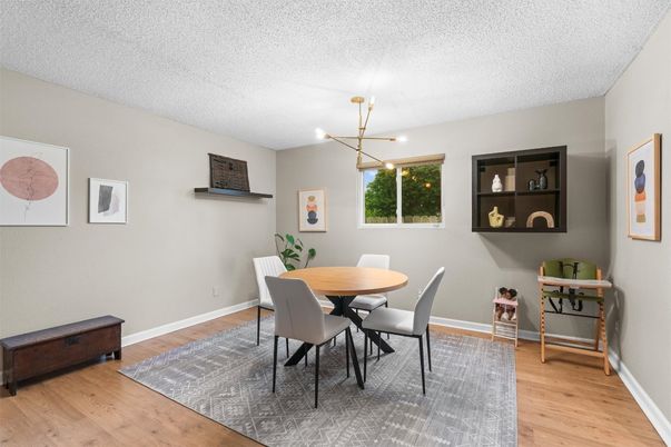 Dining room, Interior, Pendant Lights, Wood Texture Flooring