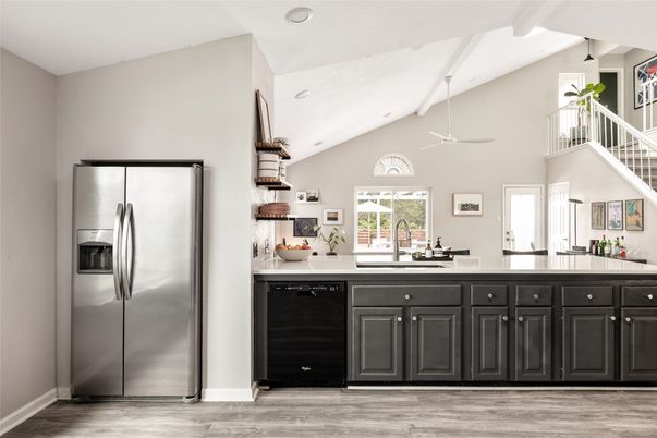 Interior, Kitchen, Recessed Lighting, Stainless Steel Appliances, Wood Texture Flooring