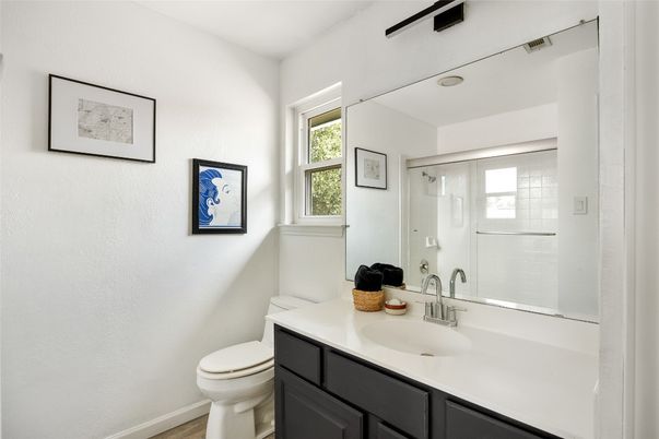 Bathroom, Glass Shower, Interior, Wood Texture Flooring