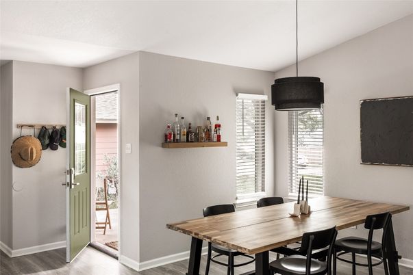 Dining room, Interior, Pendant Lights, Wood Texture Flooring