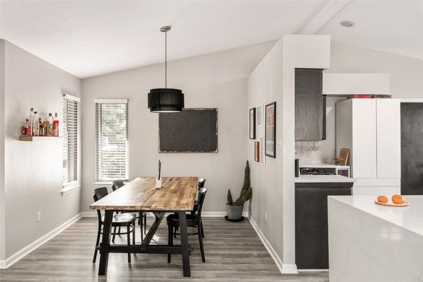 Dining room, Interior, Kitchen, Pendant Lights, Wood Texture Flooring