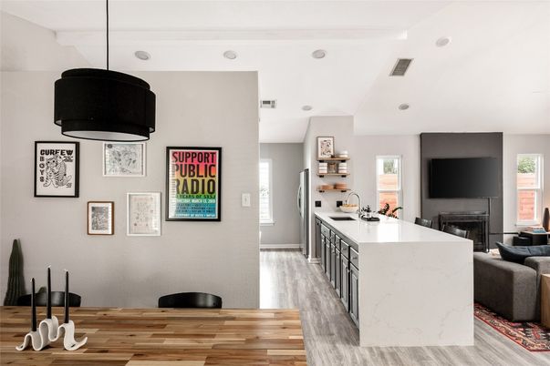 Fireplace, Interior, Kitchen, Living room, Pendant Lights, Recessed Lighting, Wood Texture Flooring