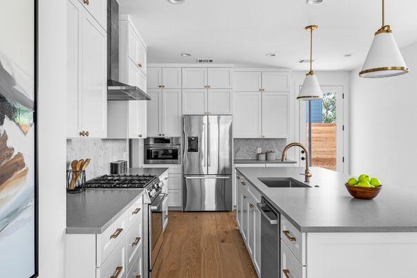 Interior, Kitchen, Pendant Lights, Recessed Lighting, Stainless Steel Appliances, Wood Texture Flooring
