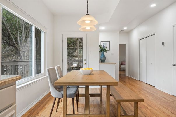 Dining room, Interior, Pendant Lights, Recessed Lighting, Wood Texture Flooring