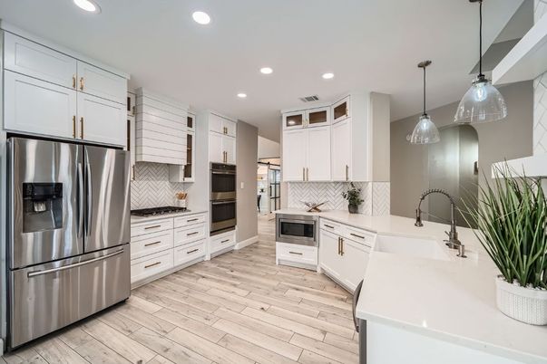 Interior, Kitchen, Pendant Lights, Recessed Lighting, Stainless Steel Appliances, Wood Texture Flooring