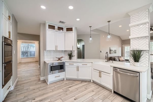 Interior, Kitchen, Pendant Lights, Recessed Lighting, Stainless Steel Appliances, Wood Texture Flooring