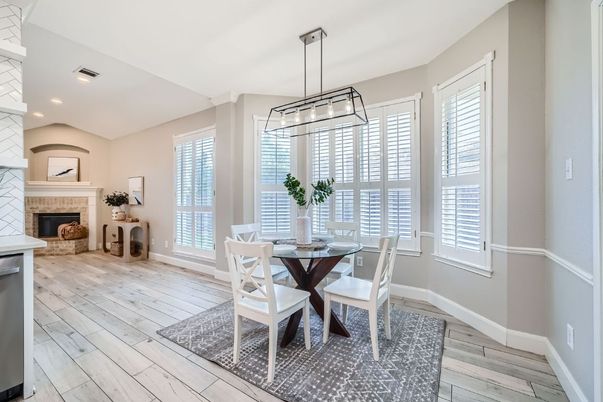 Dining room, Fireplace, Interior, Pendant Lights, Recessed Lighting, Wood Texture Flooring