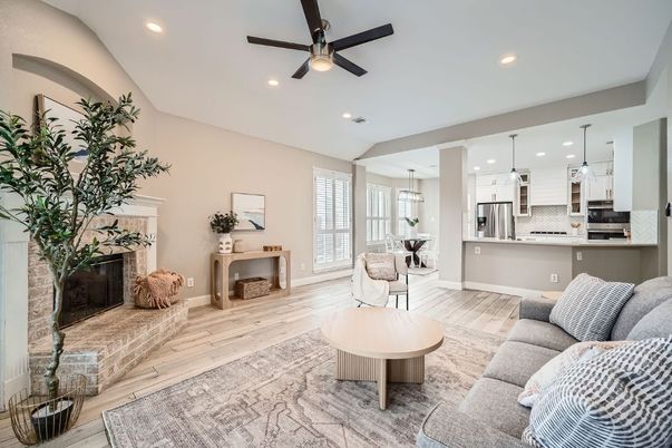 Dining room, Fireplace, Interior, Kitchen, Living room, Pendant Lights, Recessed Lighting, Stainless Steel Appliances, Wood Texture Flooring