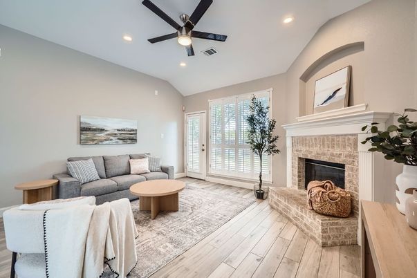 Fireplace, Interior, Living room, Recessed Lighting, Wood Texture Flooring