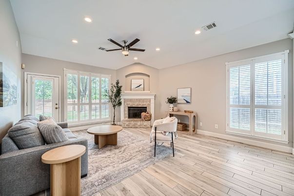 Fireplace, Interior, Living room, Recessed Lighting, Wood Texture Flooring