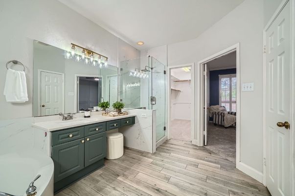 Bathroom, Glass Shower, Interior, Recessed Lighting, Wood Texture Flooring