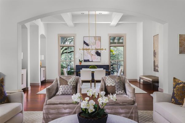 Dining room, Fireplace, Interior, Living room, Pendant Lights, Wood Texture Flooring