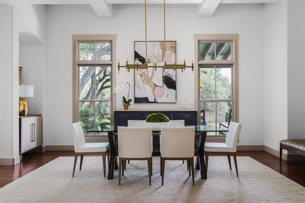 Dining room, Fireplace, Interior, Pendant Lights, Wood Texture Flooring