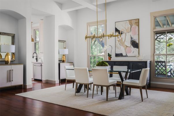 Dining room, Interior, Pendant Lights, Wood Texture Flooring