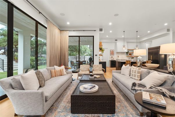 Dining room, Interior, Kitchen, Living room, Pendant Lights, Recessed Lighting, Stainless Steel Appliances, Wood Texture Flooring
