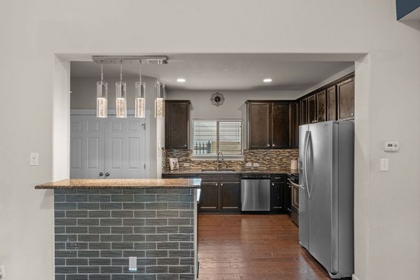Interior, Kitchen, Pendant Lights, Recessed Lighting, Wood Texture Flooring