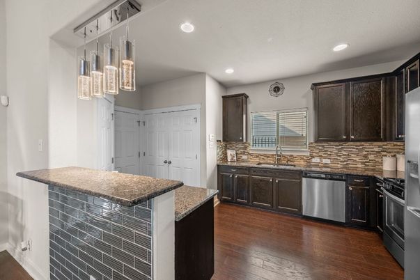 Interior, Kitchen, Pendant Lights, Recessed Lighting, Wood Texture Flooring