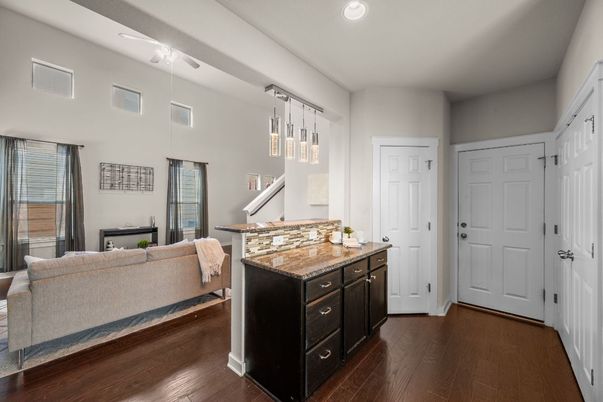Interior, Living room, Pendant Lights, Recessed Lighting, Wood Texture Flooring